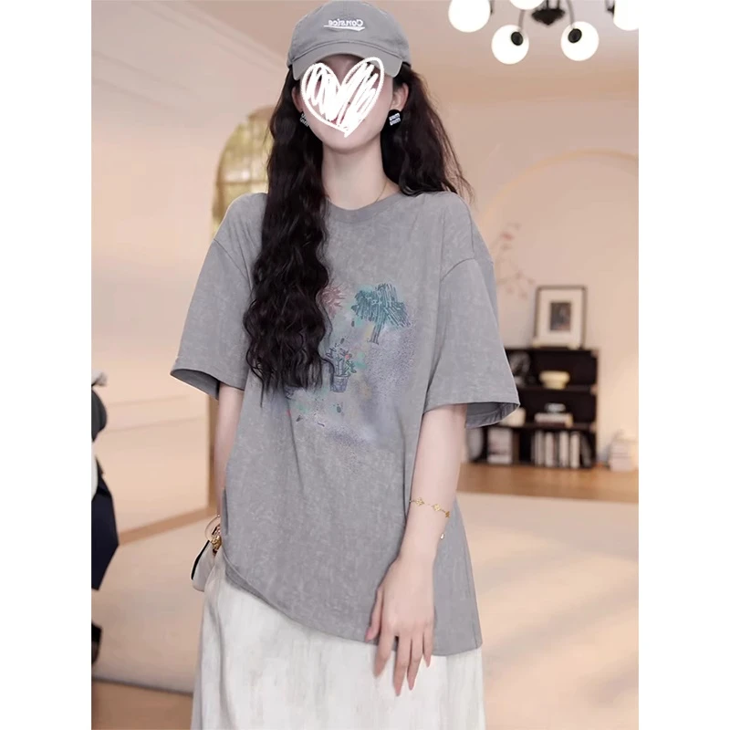 韩系百搭圆领短袖T恤女2025夏季新款薄款灰色印花设计感百搭上衣