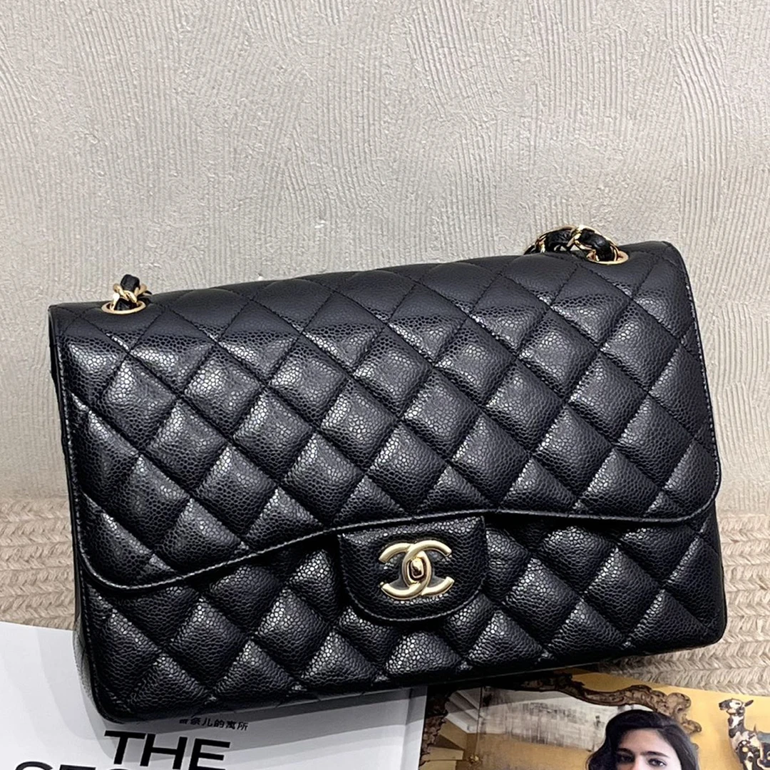 99新 Chanel/香奈儿 黑金荔枝纹牛皮CF jumbo 22年芯片