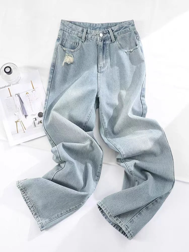 1551窄版直筒牛仔裤女2025年春装新款高腰宽松垂感浅色磨破阔腿裤