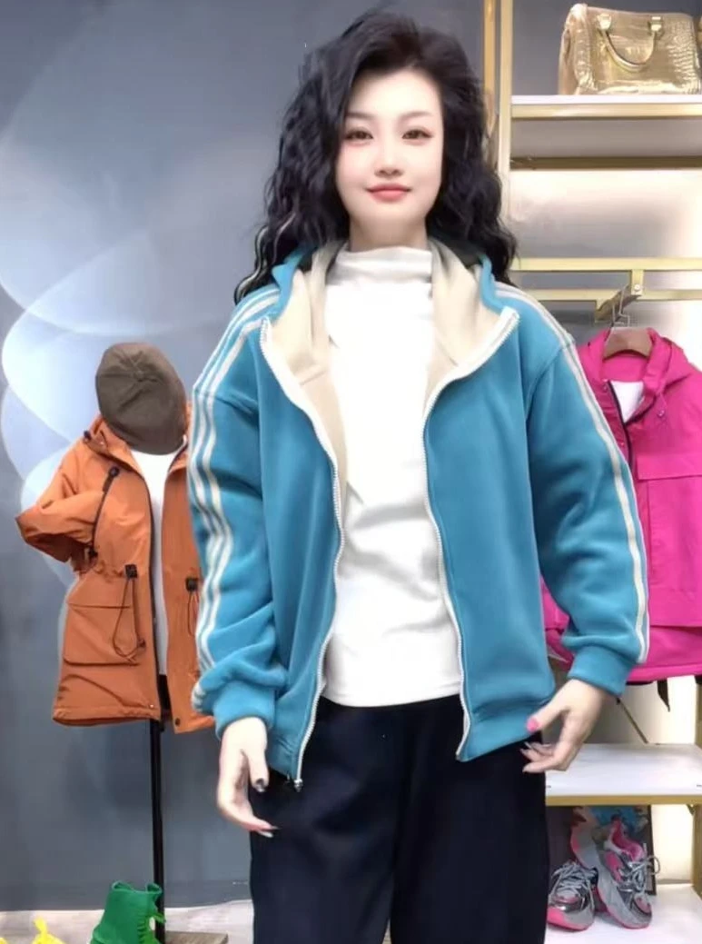 奇奇家时尚韩版大码女装2025冬季新款双面绒加厚连帽保暖外套