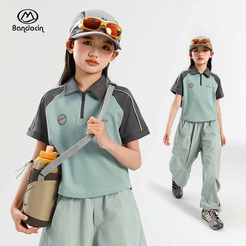 BANDOCIN/半度闲女童夏季撞色插肩袖新款舒适短袖薄款运动polo衫