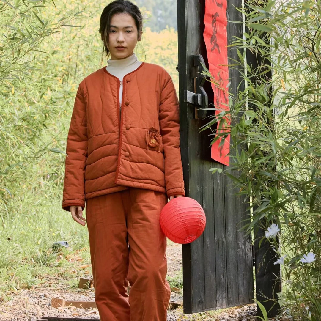 冬季新款夹棉保暖红色女士长袖家居服