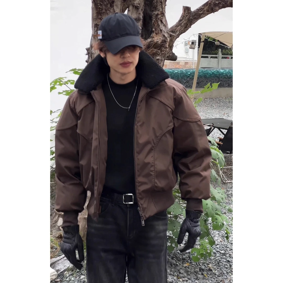 咖色羊羔毛领短款棉衣男款冬季加绒保暖厚外套高级感工装棉衣夹克