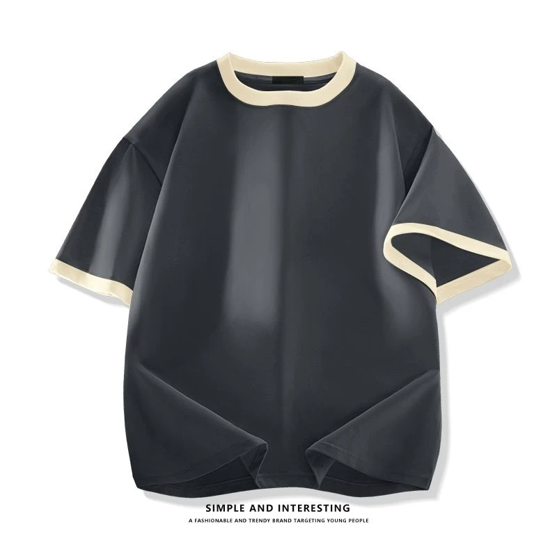 时尚撞色大码短袖t恤男士夏季山系复古上衣休闲宽松百搭纯棉半袖