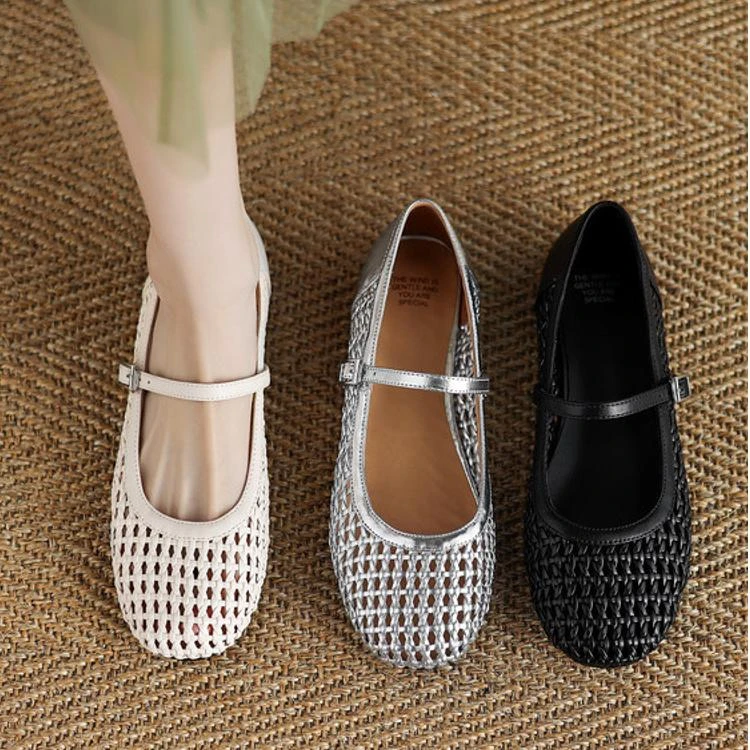 诗宝斐尔平底法式镂空编织一字带玛丽珍女鞋夏季洞洞鞋银色单鞋