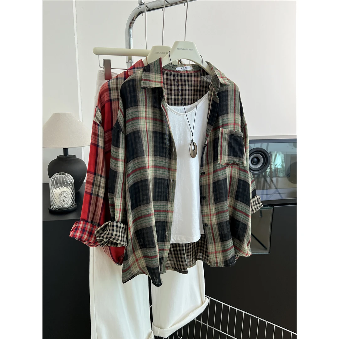 慵懒风双面复古格子衬衫女秋季polo领宽松衬衣休闲百搭设计感