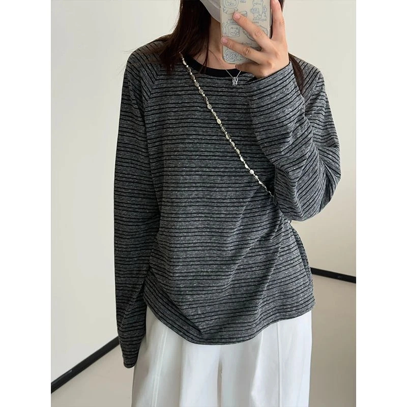 复古竖条纹长袖T恤女2025春秋季新款韩版时尚百搭打底衫上衣女潮