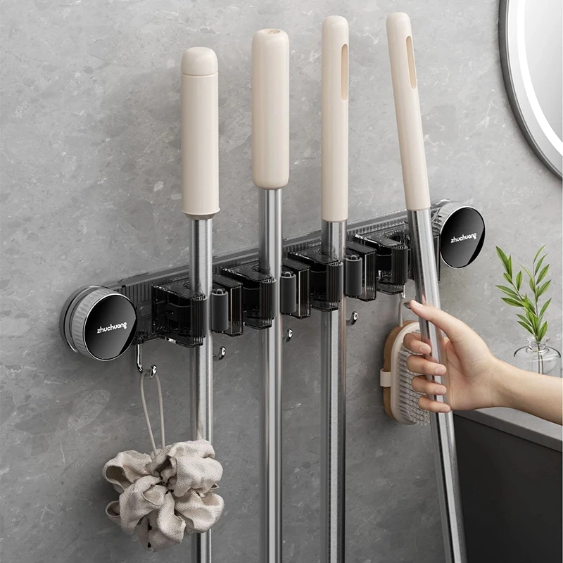 【佳立方】吸盘轨道拖把夹免打孔浴室收纳神器粘钩挂拖把扫把固定架