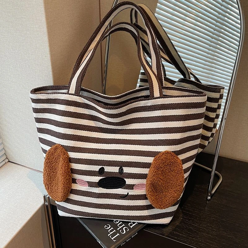 条纹帆布包女大容量2025新款秋冬百搭可爱单肩包大学生上课托特包