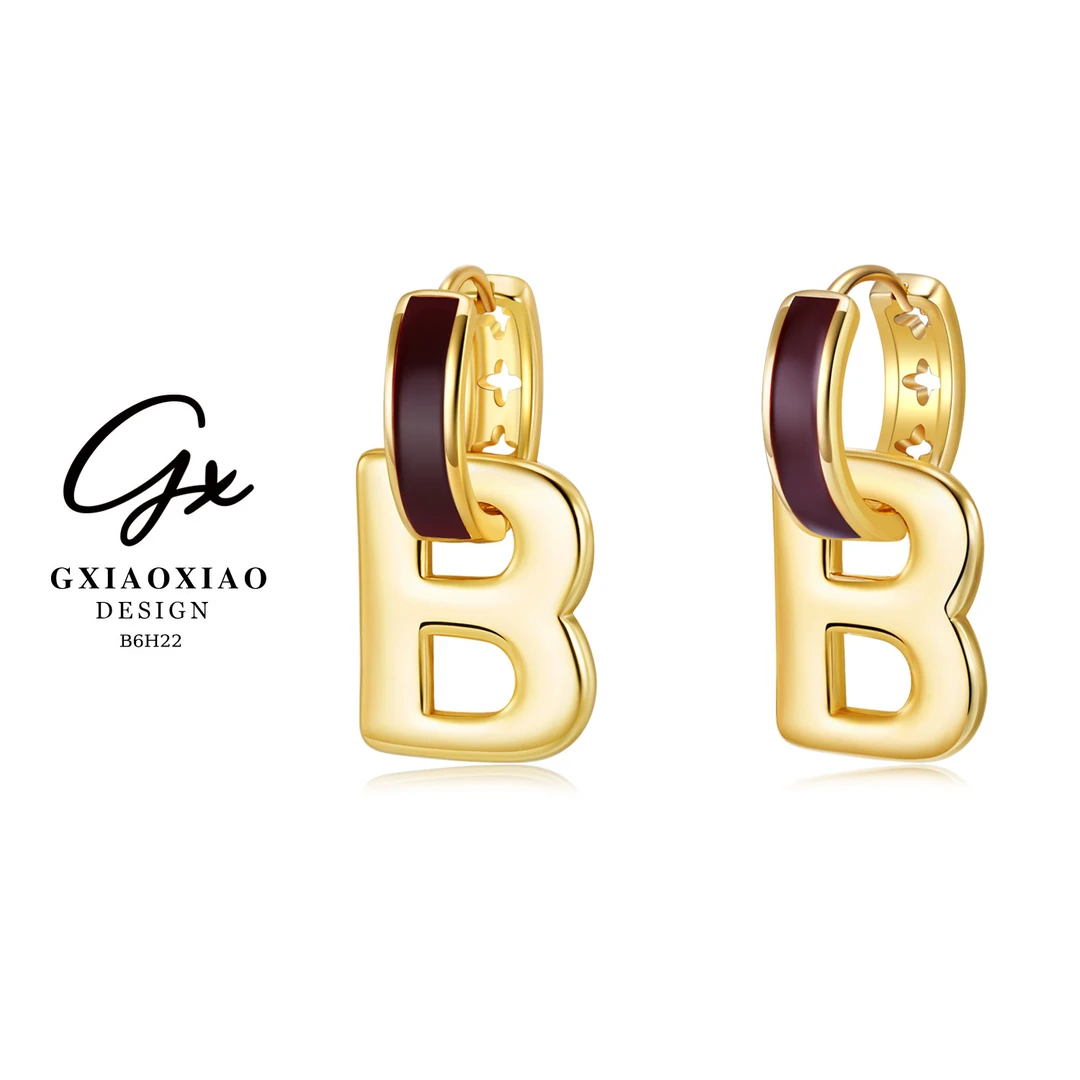 铜合金耳饰 G XIAOXIAO 镀K金 法式气质时尚百搭字母B耳环 B6H22