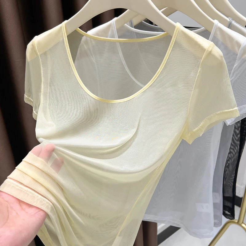 纯欲甜辣透视冰丝网纱短袖T恤女夏季性感大圆低领薄款打底衫上衣