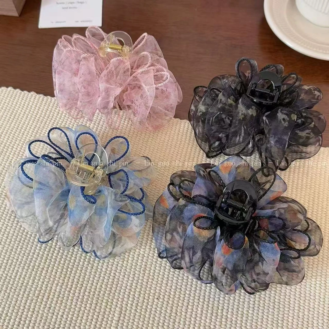 新款莫奈印象碎花蝴蝶结发饰轻纱甜美欧根纱抓夹后脑勺鲨鱼夹