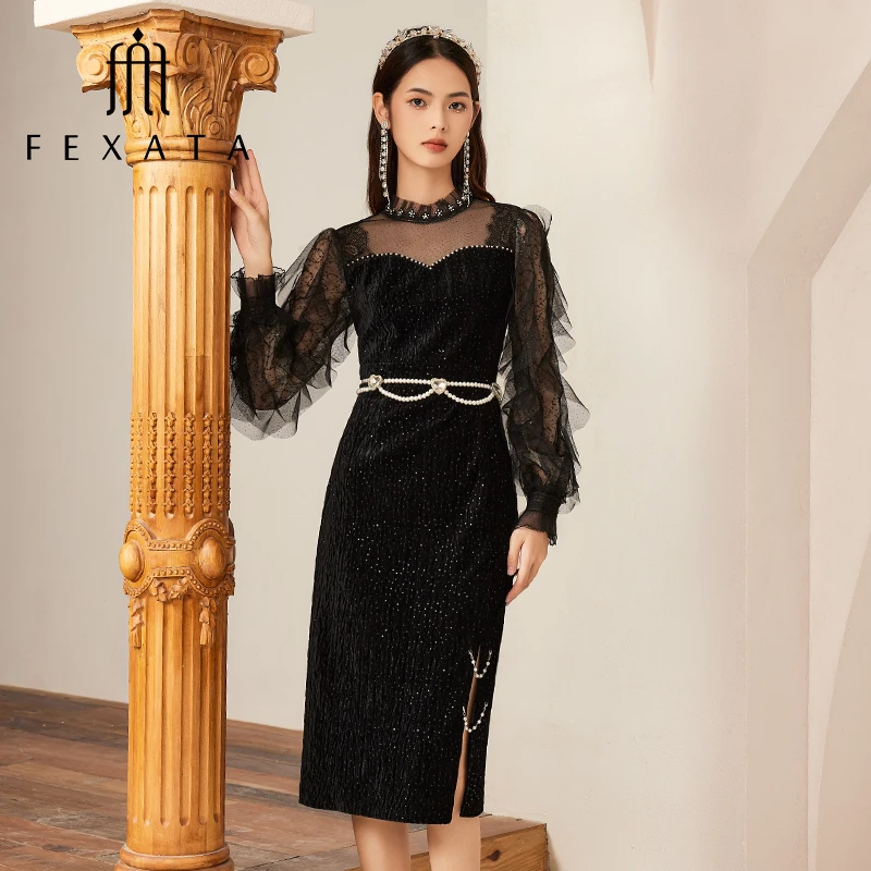 【媛媛女王严选】FEXATA斐格思连衣裙开叉丝绒小黑裙华丽复古礼服裙