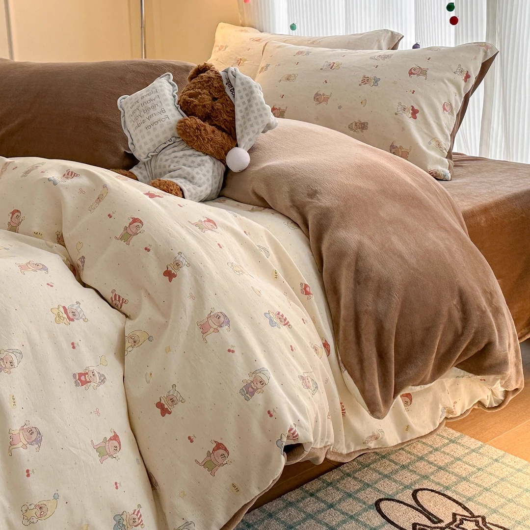 卡通全棉加厚牛奶绒床上四件套ab面纯棉加绒被套床单人宿舍三件套