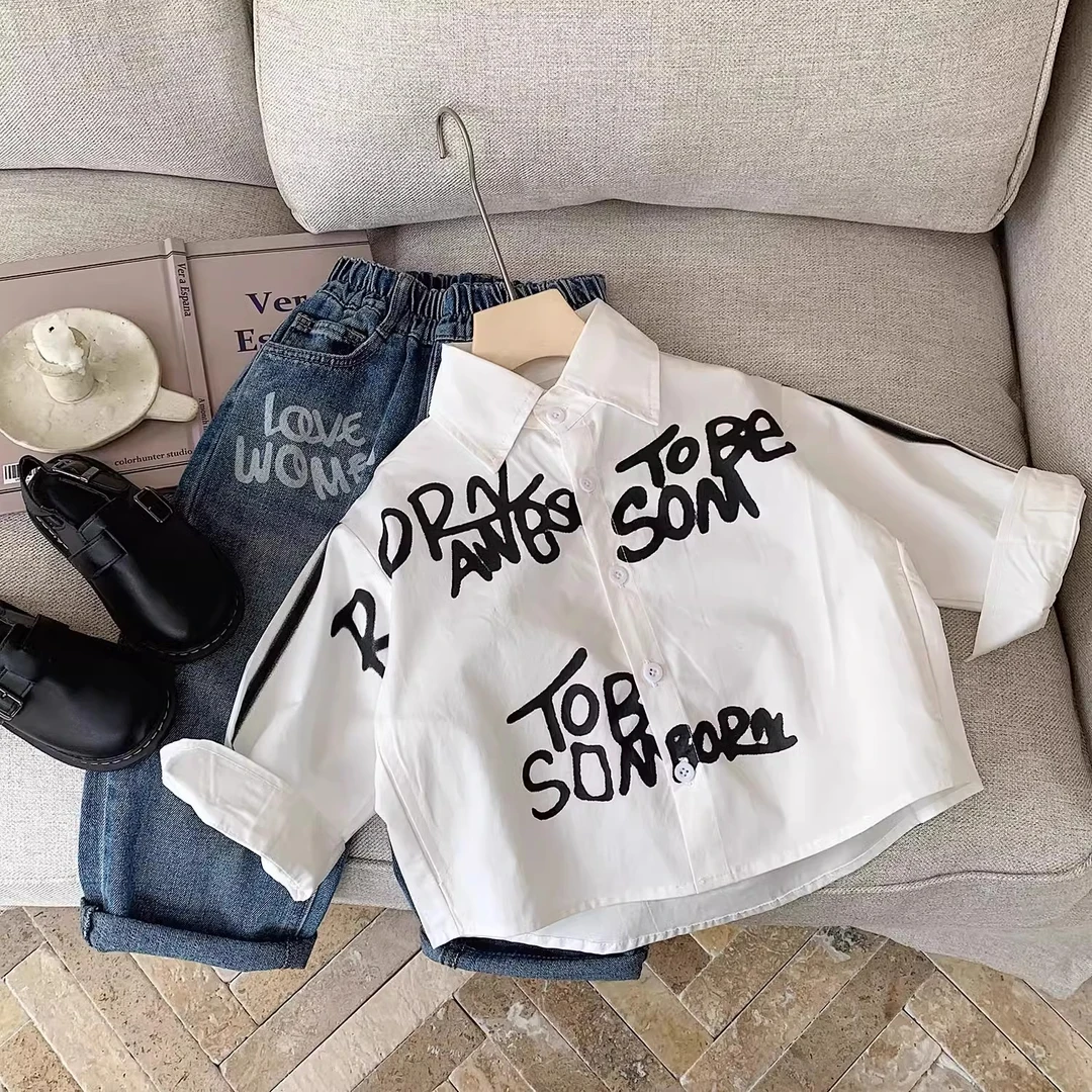 儿童痞帅衬衫2025春新款洋气男童上衣小童印花衬衣棉开衫宝宝外套