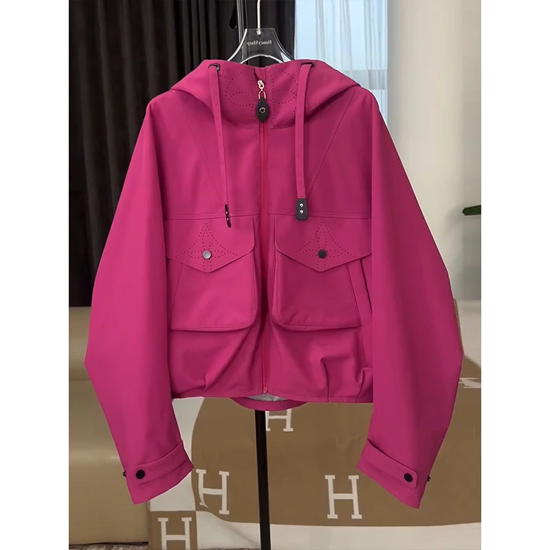 欧货时尚连帽风衣外套女2025秋冬新款高级感工装夹克潮流百搭上衣
