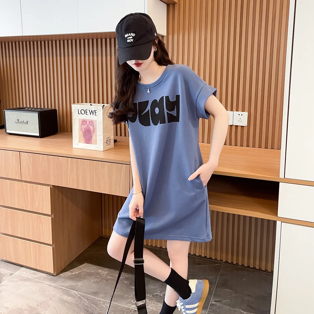 春夏季2025新款宽松中长款连衣裙女韩版时尚百搭休闲显瘦T恤裙ins