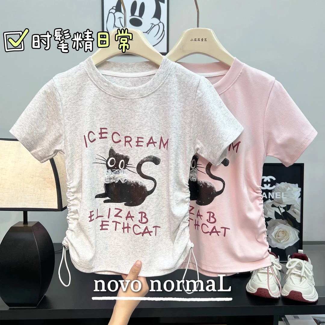 【新品超百搭~】2025夏款新款女童小猫印花韩版洋气抽绳短袖T恤上衣