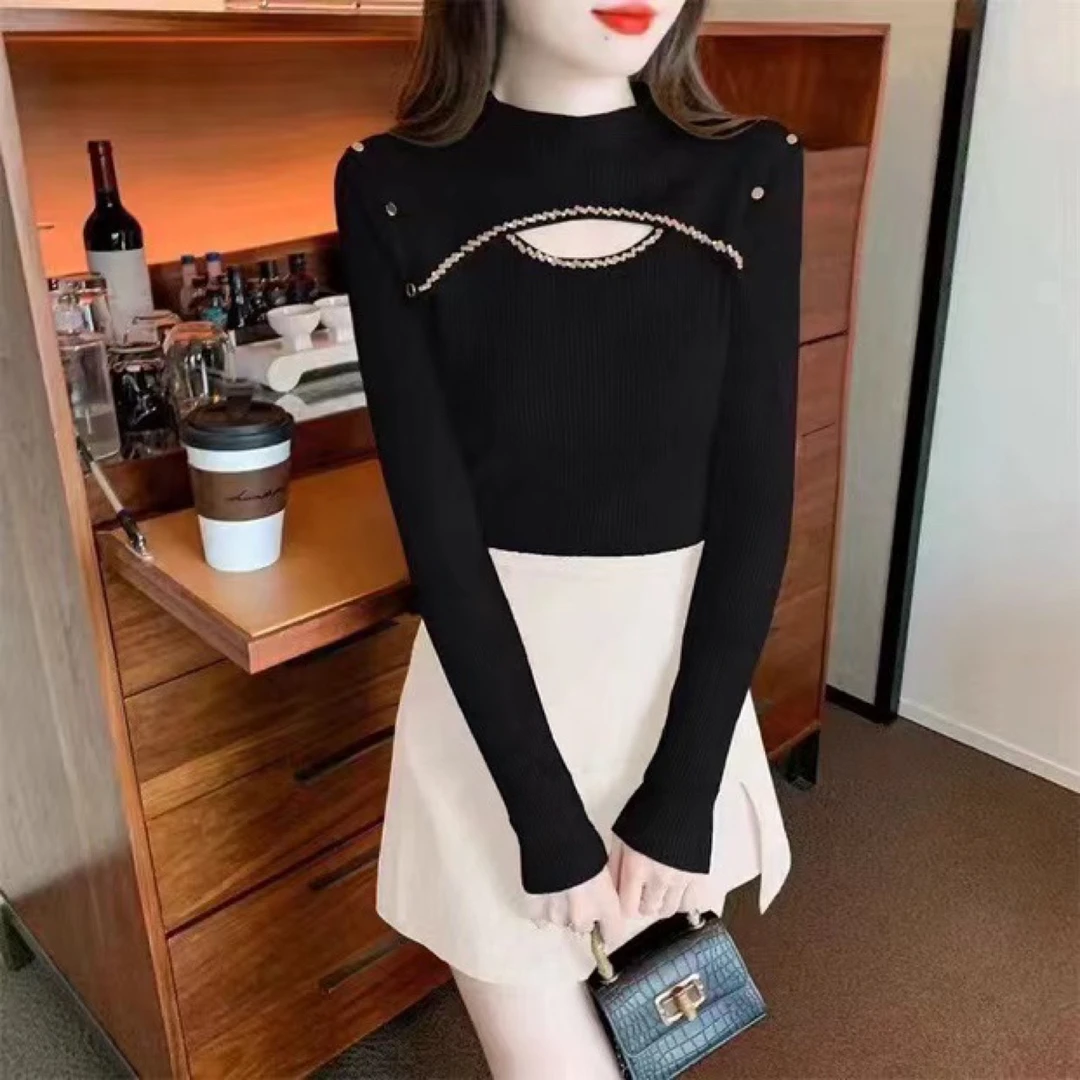 半高领新款心机镂空双肩扣半高领上衣女针织衫8939