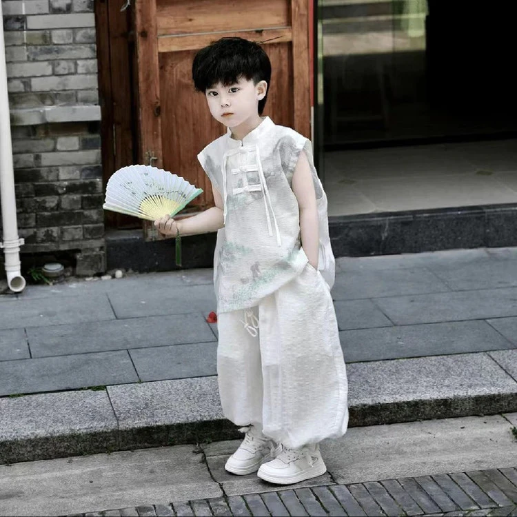 单排扣套装中性薄款男古装女复古新中式夏装童装夏季古风男孩男童