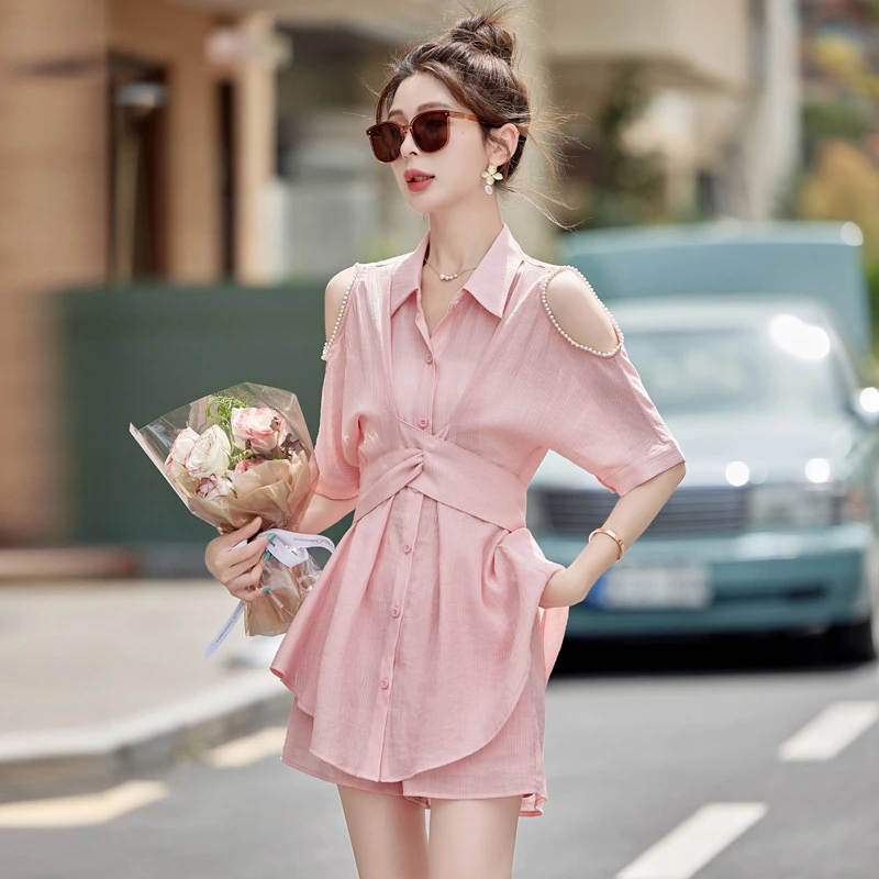 时尚套装夏纯色小个子透气修身短袖外套裙裤两件套纯欲慵懒风女装