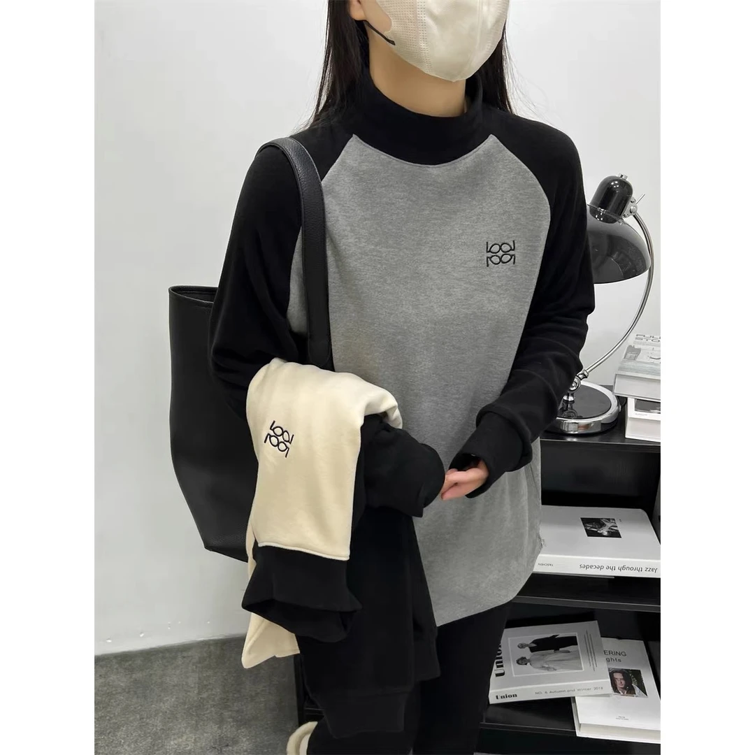 【外贸原单】半高领澳绒拼色T恤加绒打底衫女冬季宽松拼接时尚23418