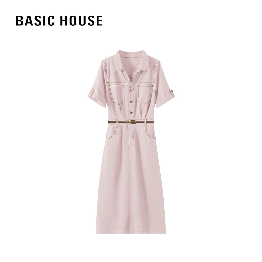 Basic House/百家好夏季气质轻薄时尚休闲女士法式收腰连衣裙D