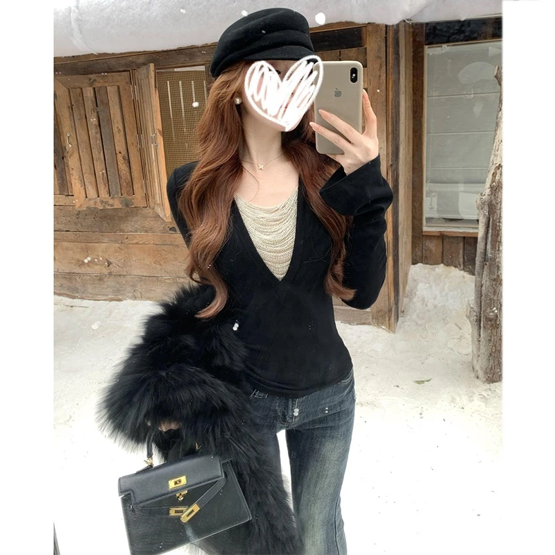 设计感轻奢网纱重工珠链V领长袖上衣女秋冬磨毛加绒内搭打底衫T恤