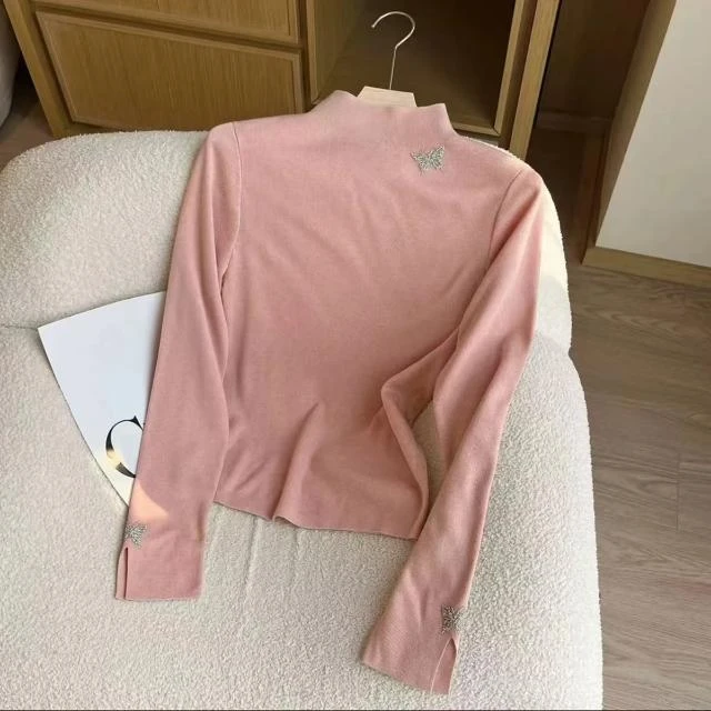 法式烫钻蝴蝶小香风针织衫女高级感甜美软糯打底衫潮