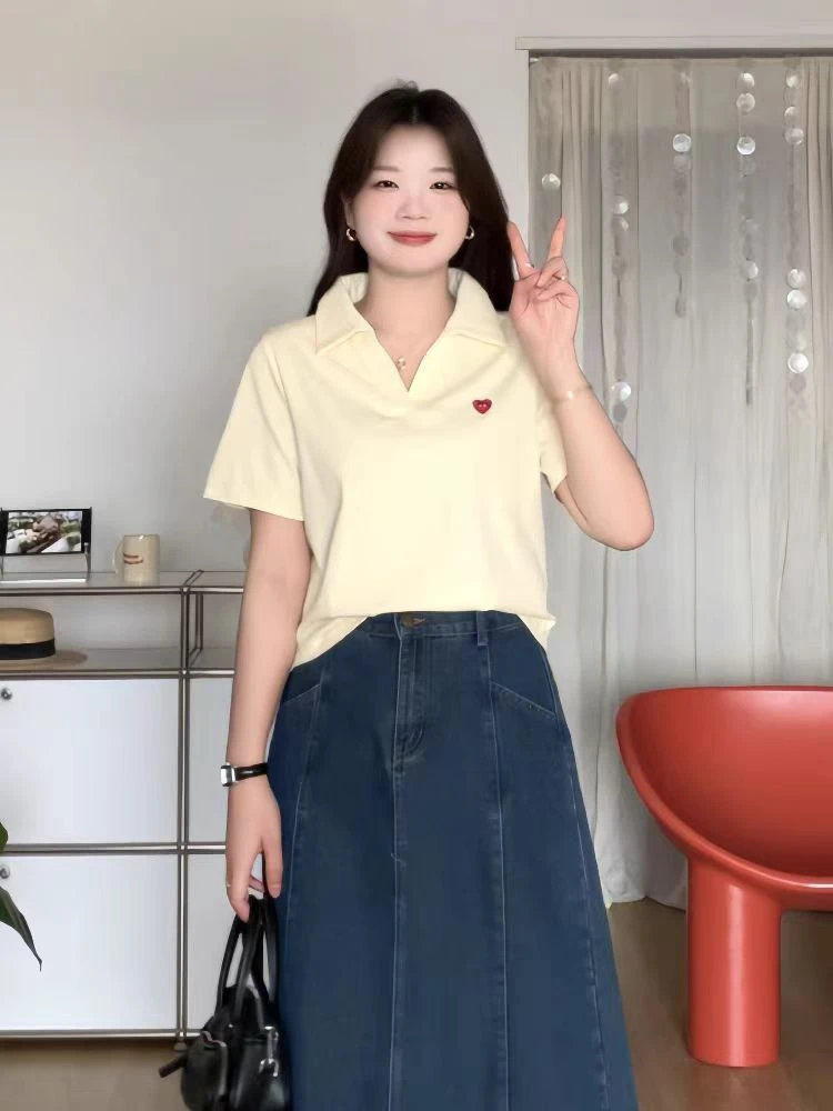 精棉210g大码夏季韩版polo领短袖t恤女宽松显瘦遮肉休闲上衣