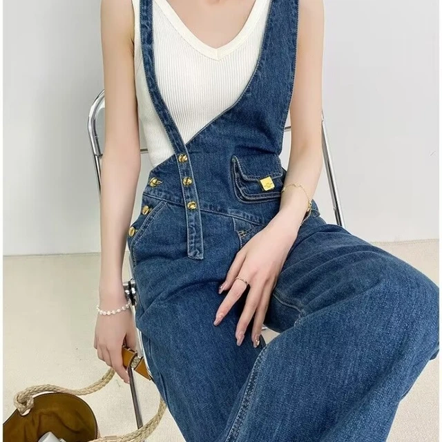 不对称小腰包牛仔背带裤女春秋2025新款金属扣百搭阔腿拖地长裤夏