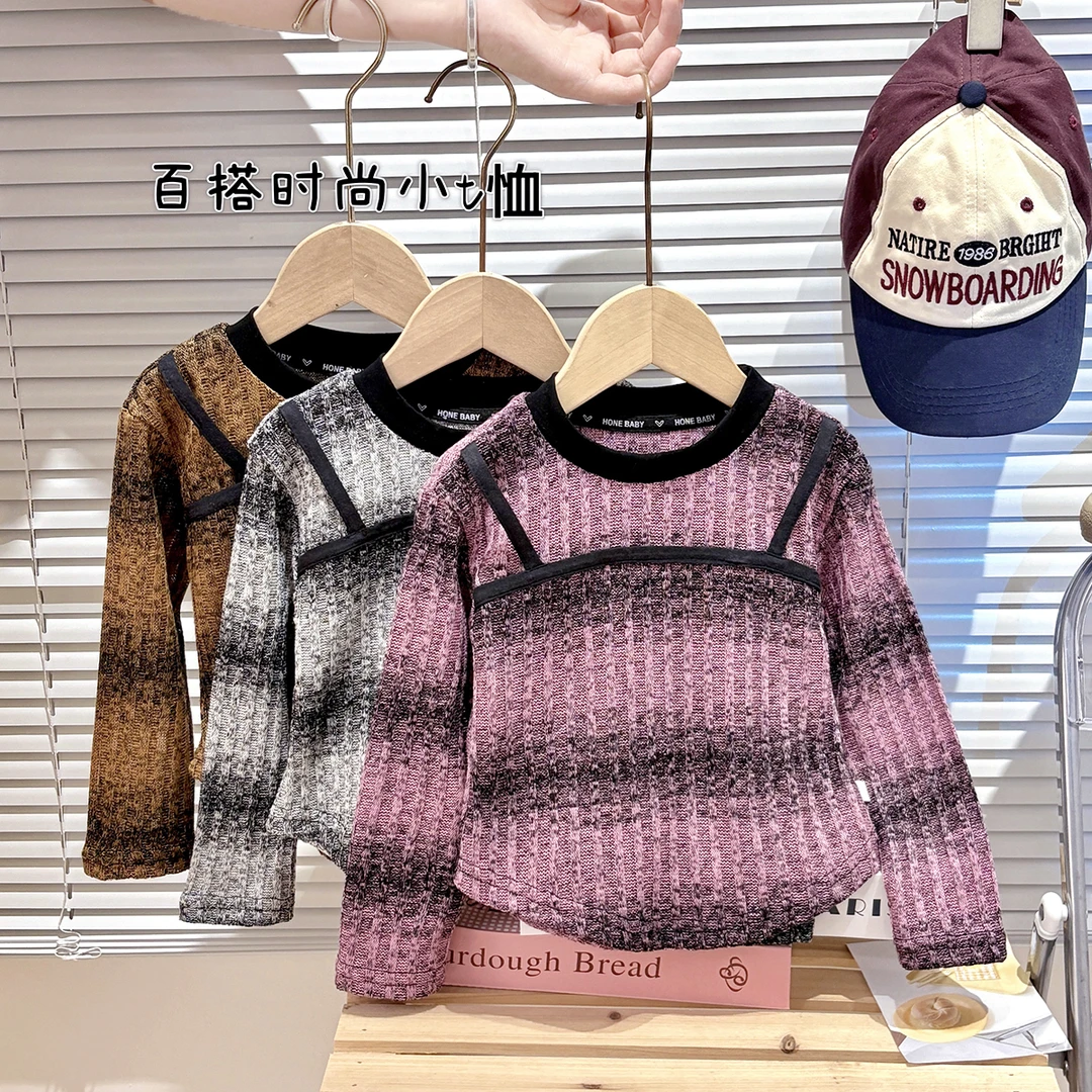 女童秋装洋气假两件条纹T恤新款春秋款宝宝打底衫圆领长袖童装
