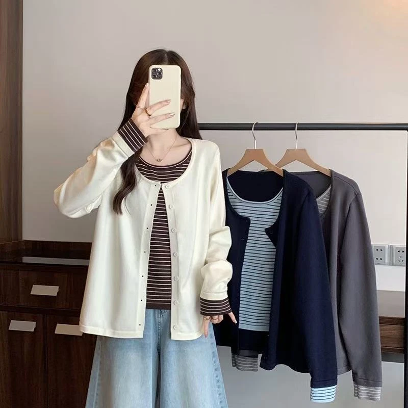 韩系假两件穿搭长袖针织上衣女2025秋季新款大码胖mm时尚百搭显瘦