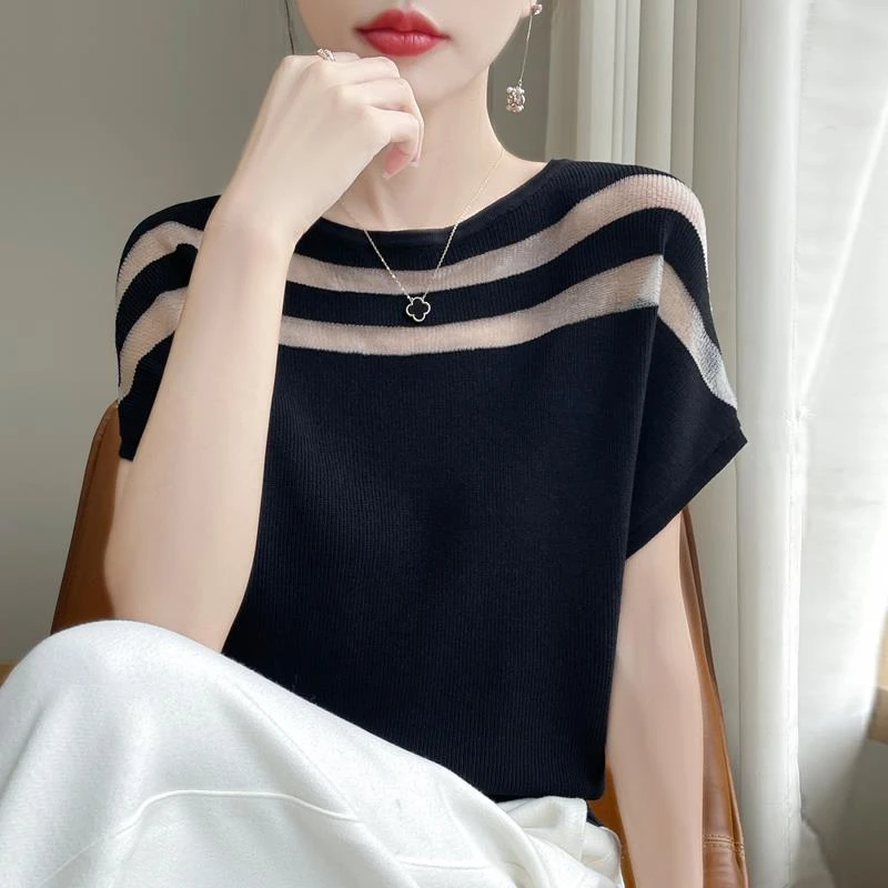 AMAS商城同款2025夏季新款圆领套头冰丝拼接欧根纱美式长袖t恤