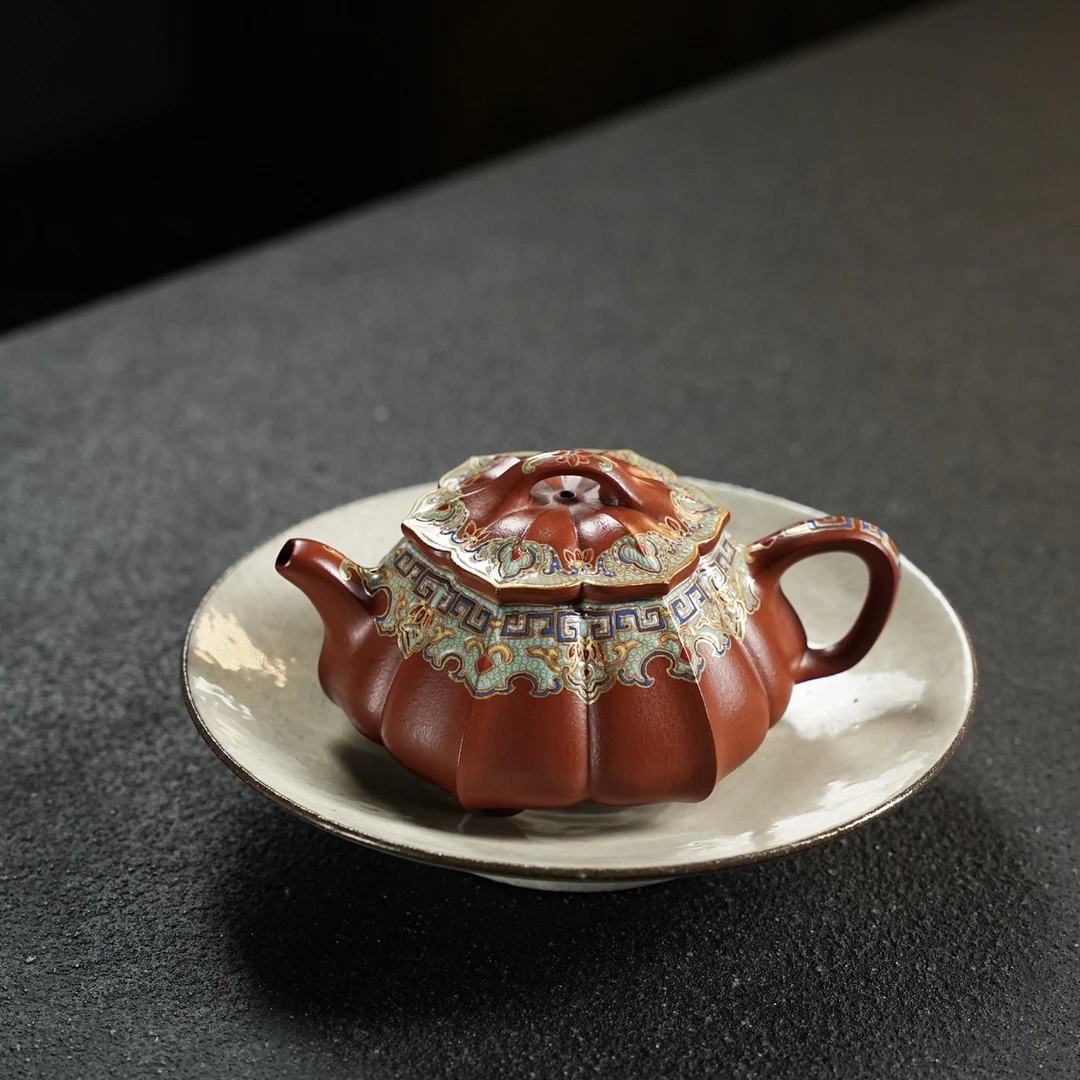 宜兴紫砂壶 筋纹器·如意石瓢·珐琅彩·150cc原矿朱泥料 全手工制作