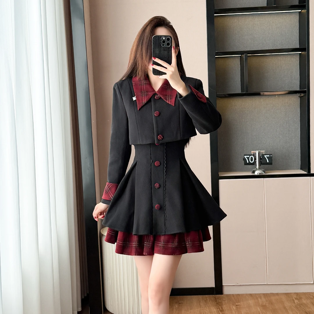 2025甜酷风呢子高腰短款格子拼接连衣裙套装女2025秋冬新款两件套