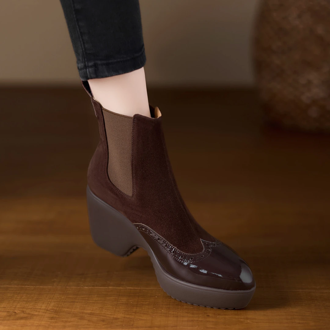 9.5cm小个子久穿不累脚厚底马丁靴坡跟短靴拼接棕色烟筒靴加绒靴