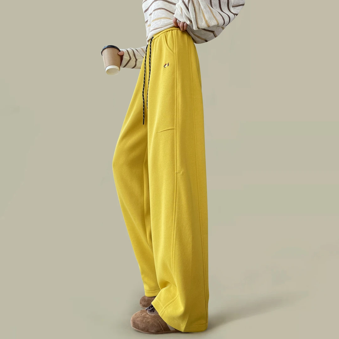 松紧高腰黄色休闲运动阔腿裤女2025年春秋垂感直筒卫裤香蕉弯刀裤