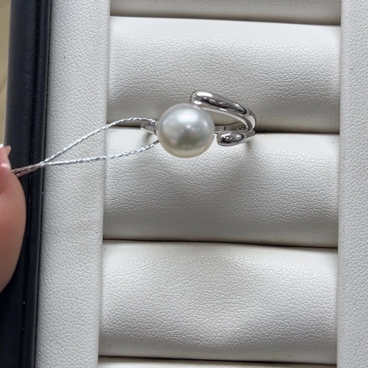 银S925镶嵌戒指海水珍珠澳白9-10mm52号