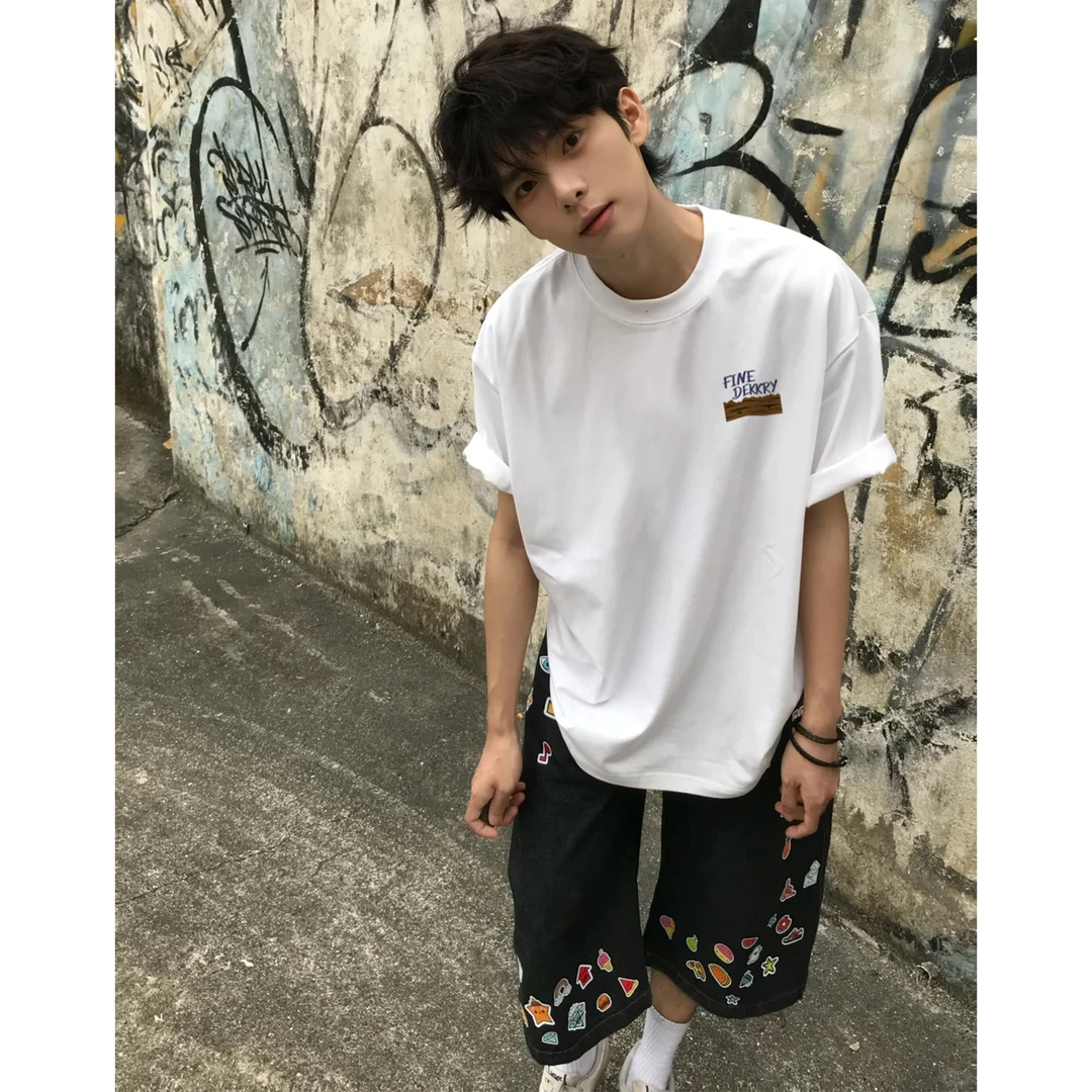 100%纯棉美式个性ins图标字母印花短袖T恤夏季男女休闲情侣款上衣