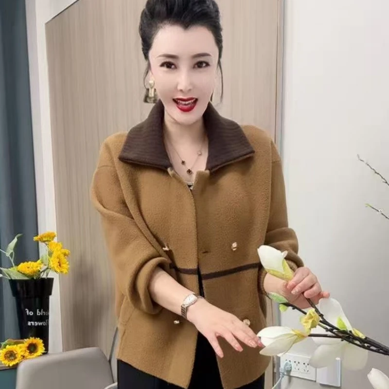 1009短外套时尚风宽松翻领开衫中老年女装长裤网红翻领厚款
