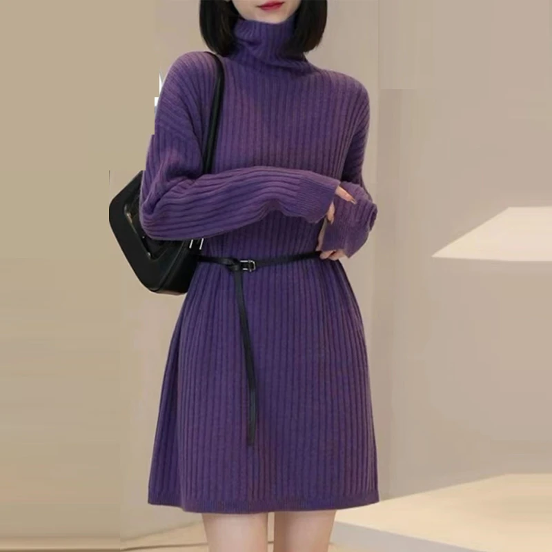 爆款高领针织羊毛衫连衣裙女装秋冬新款收腰设计感中长款毛衣裙子