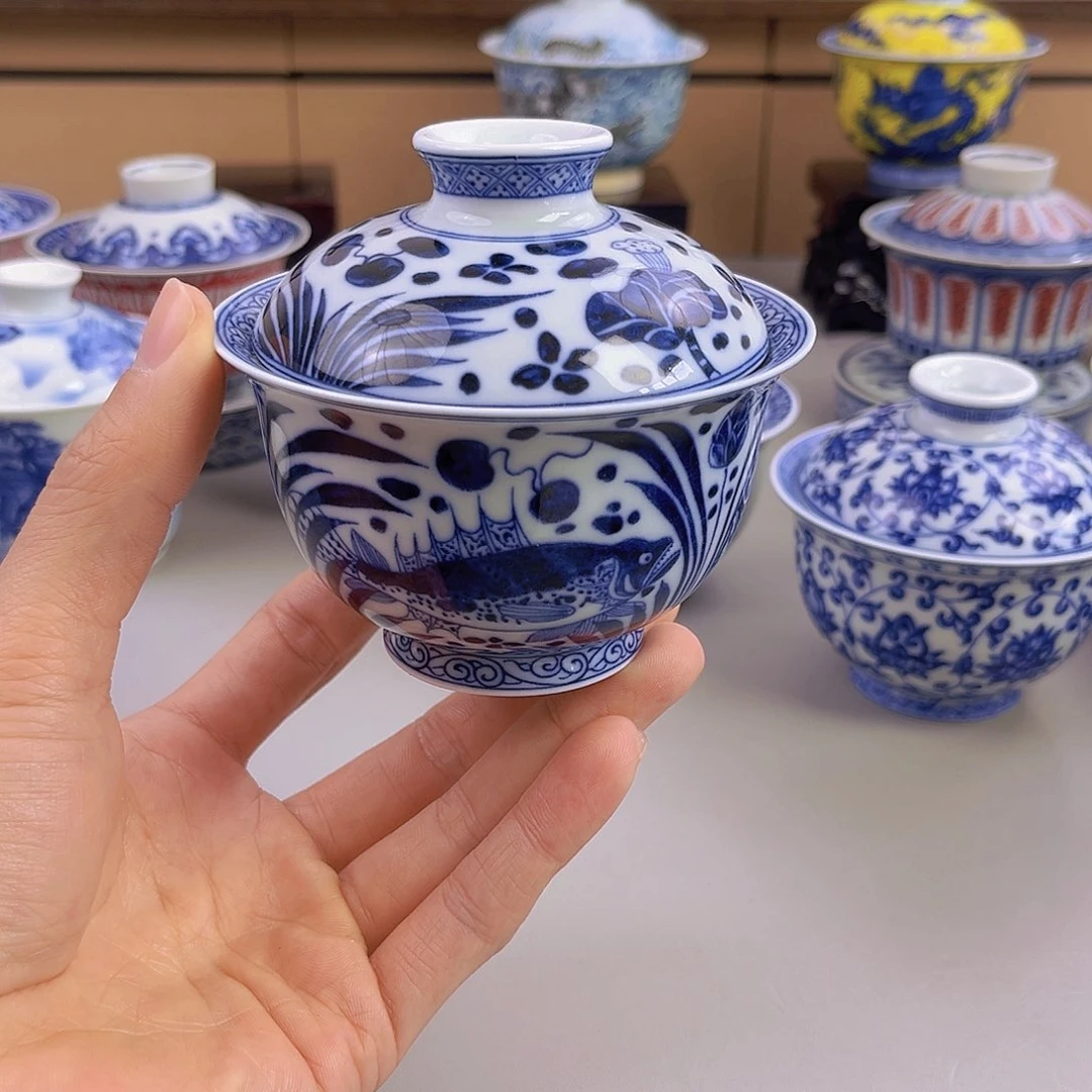 我*我仿元青花鱼藻纹盖碗