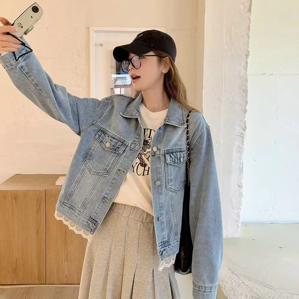 流行蕾丝边牛仔外套女小个子2025装超火高级感百搭牛仔夹克2031#