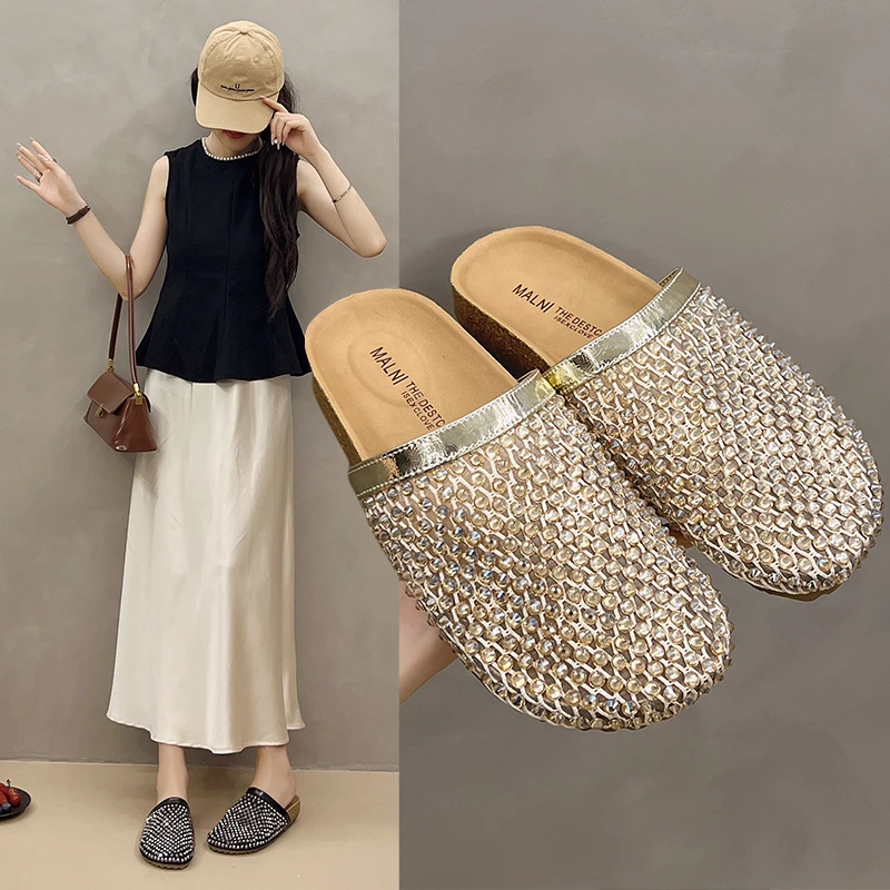 2025年小众水钻平底休闲日常包头拖时尚凉拖防滑网红圆头拖鞋P