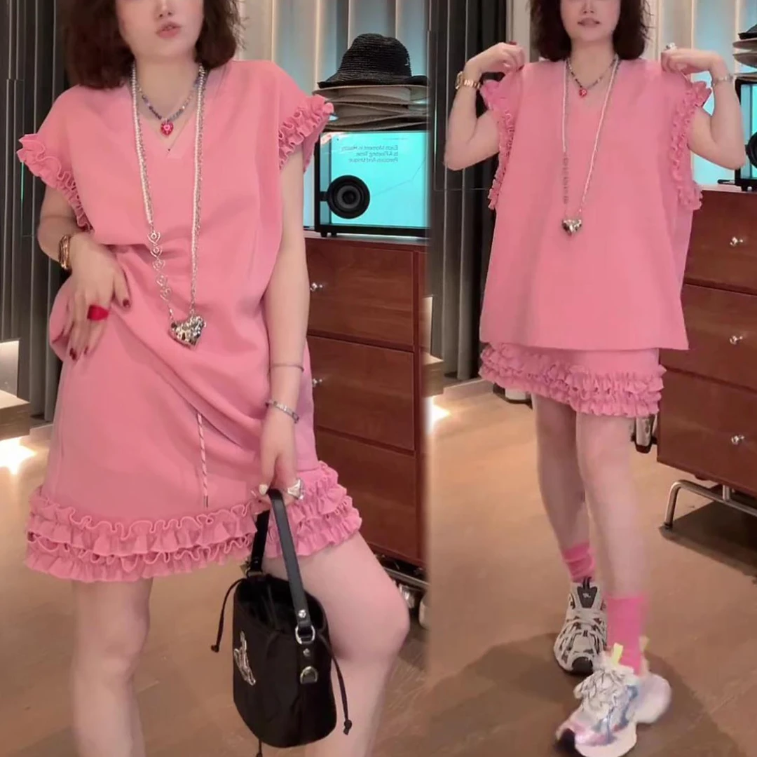 时尚休闲套装裙女夏季新款气质显瘦木耳边飞飞袖上衣半身裙两件套