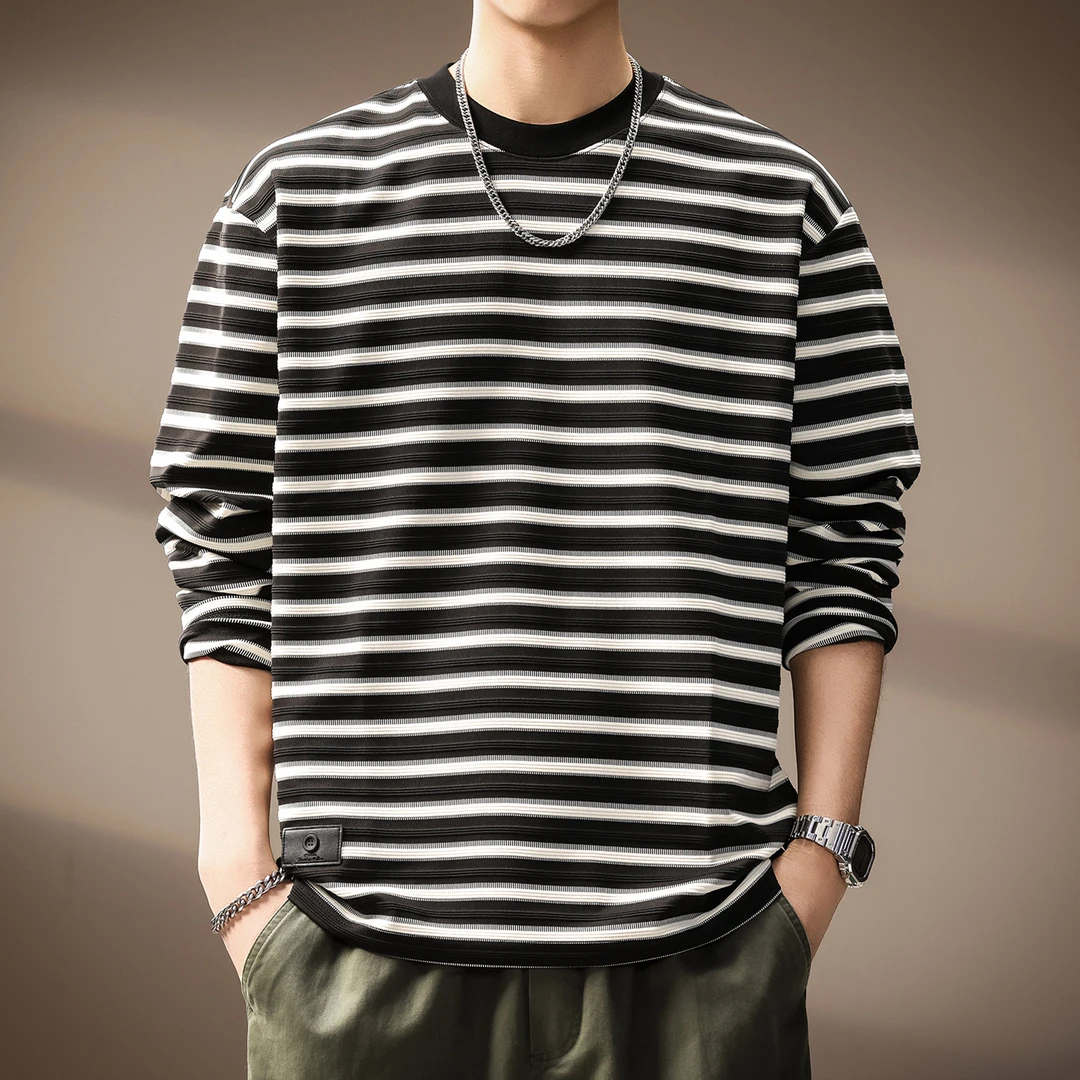 高端日系复古简约条纹长袖T恤男秋季新款重磅潮流宽松百搭海魂衫