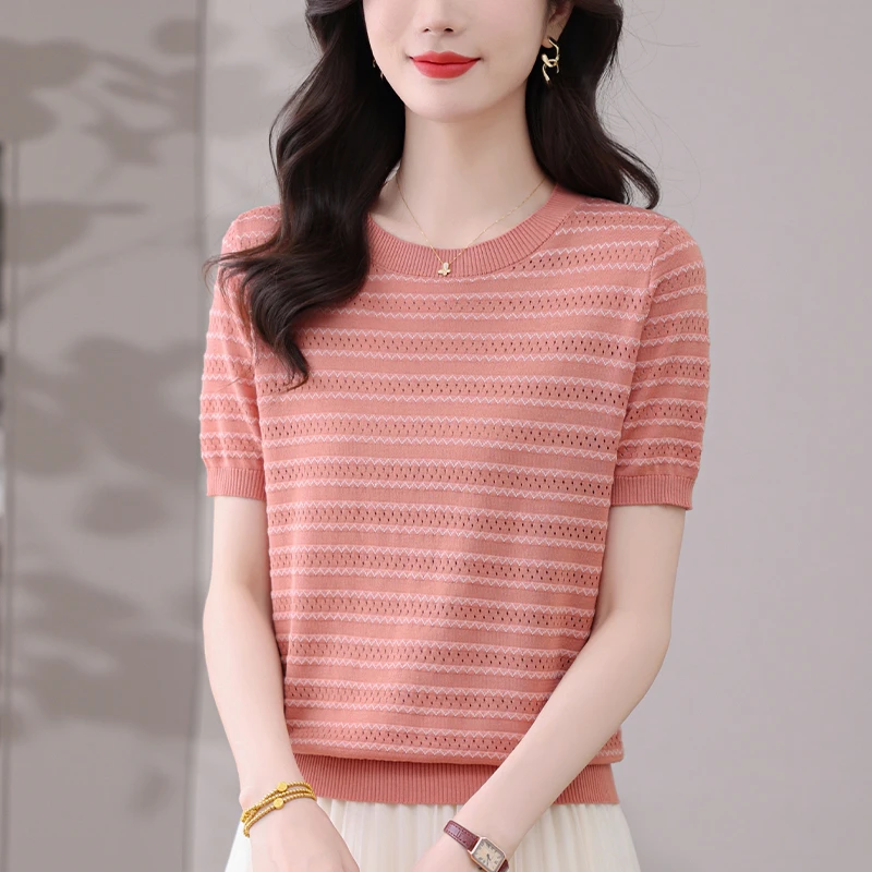 夏装2025新款大码冰丝圆领针织衫女宽松显瘦上衣洋气薄款短袖T恤