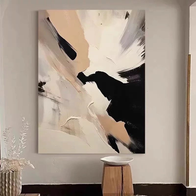 手绘油画客厅肌理抽象画简约玄关无框装饰画民宿黑白色块轻奢挂画