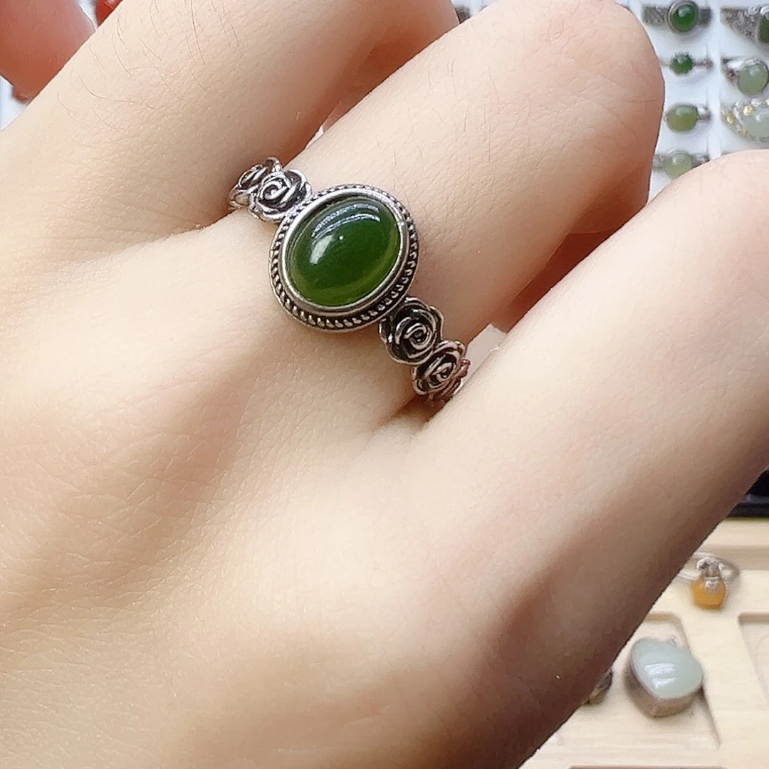 和田玉（碧玉）戒指银S925镶嵌